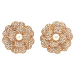 Vintage Chanel 18K Gold Diamond Pave & Pearl Camellia Earrings