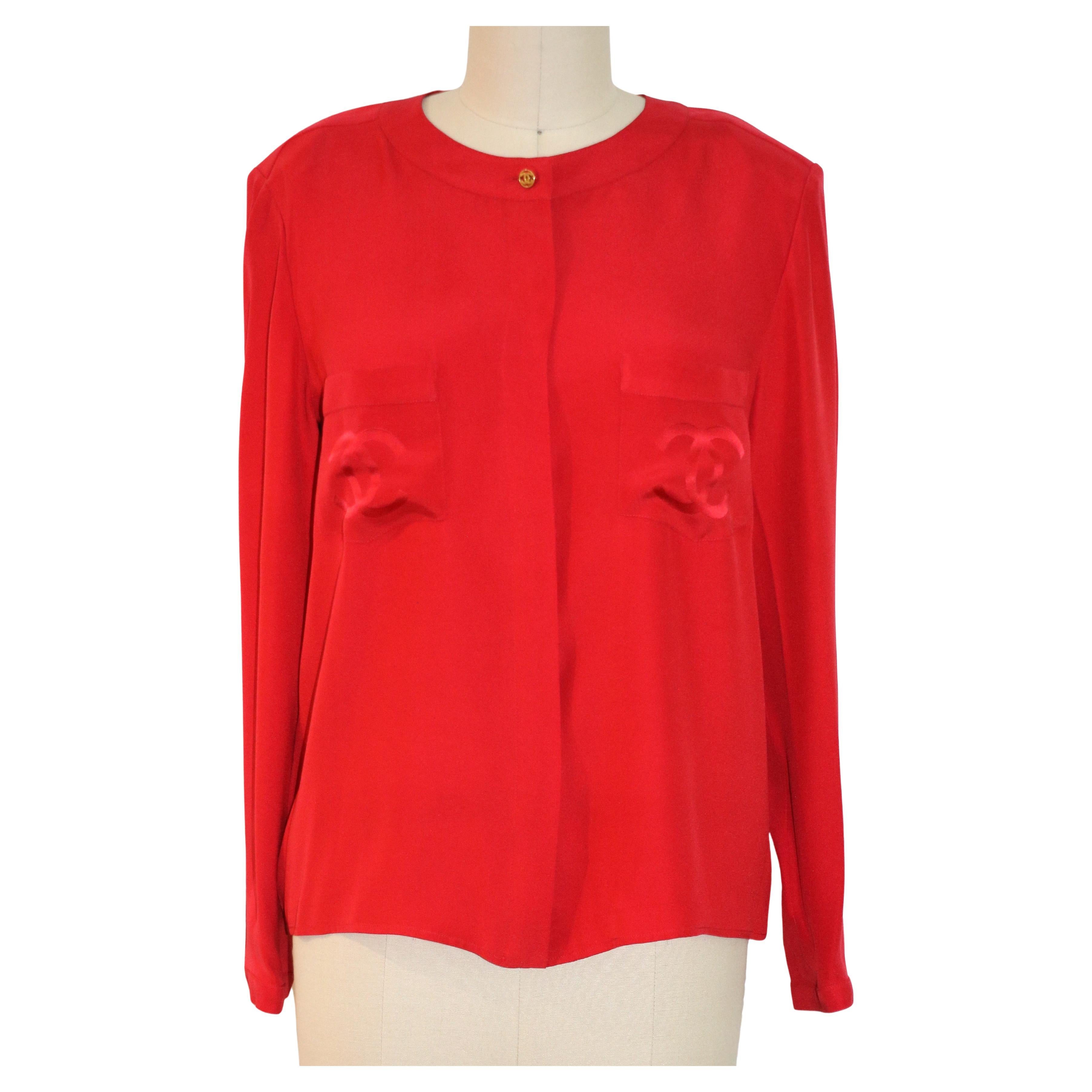 Vintage Chanel Double C Logo Red Silk Button-Up Top