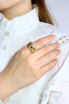Vintage Rolex-Style 18K Gold Diamond & Ruby Link Ring