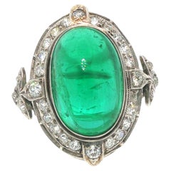 Mid-Century GIA Certified Emerald Cabochon Platinum Ring