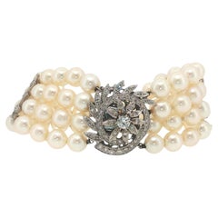 Vintage 14K White Gold Diamond and Multi-Strand Pearl Bracelet
