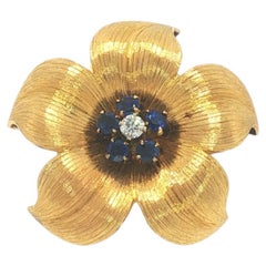 Vintage Tiffany & Co. 18K Sapphire & Diamond Flower Brooch Pin