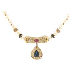 Faberge Soler Cabot 18K Gold Pearl, Sapphire, Ruby & Diamond Pendant Necklace
