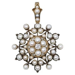 Victorian 14K Gold Pearl and Diamond Starburst Pendant