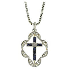 Art Deco Sapphire and Diamond Cross Pendant Necklace