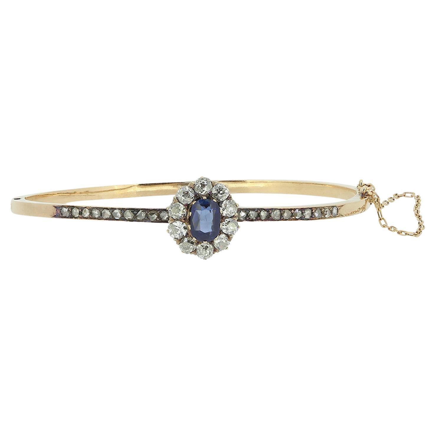 Victorian Sapphire and Old Cut Diamond Cluster Bangle For Sale
