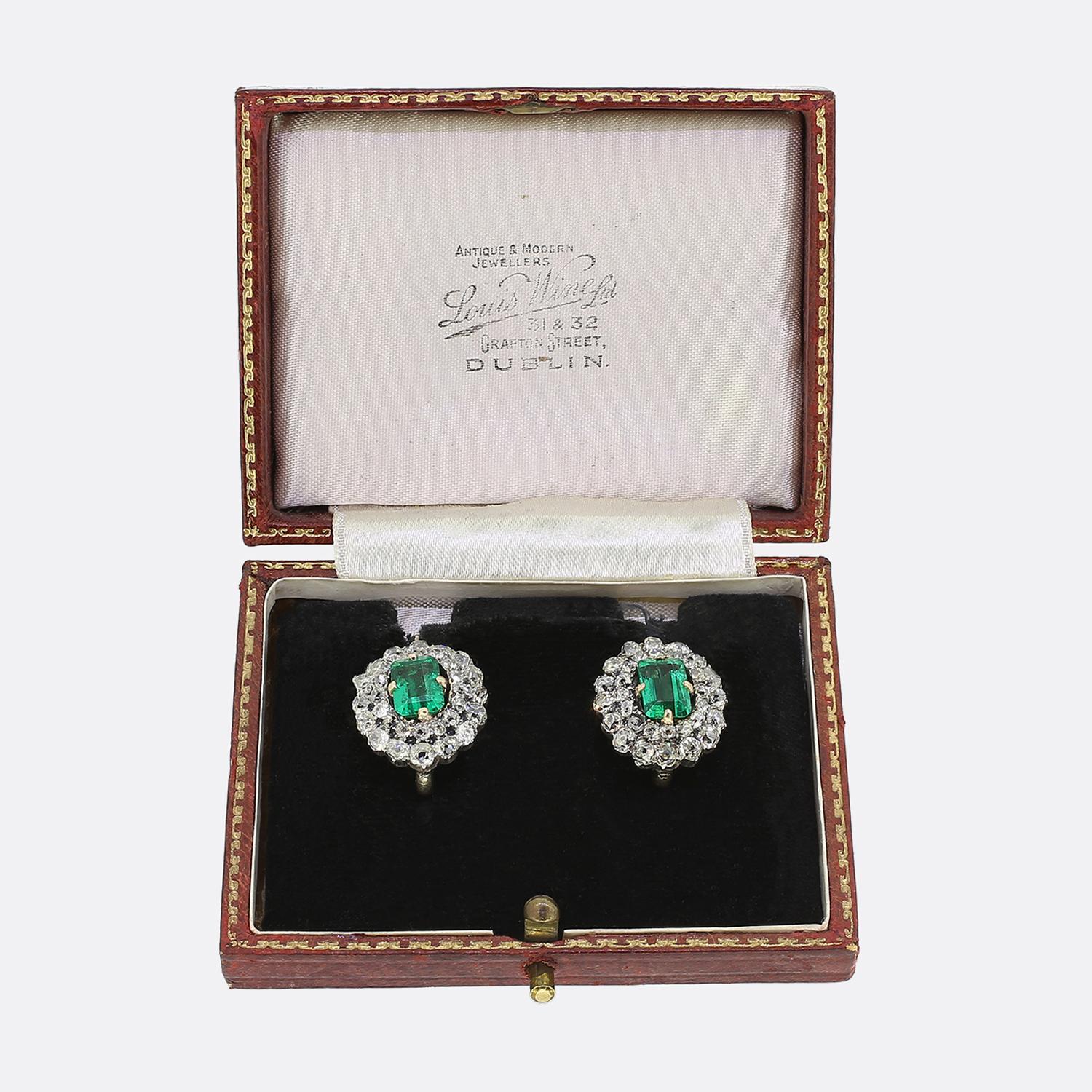 Boucles d'oreilles anciennes en émeraude et diamants Unisexe en vente