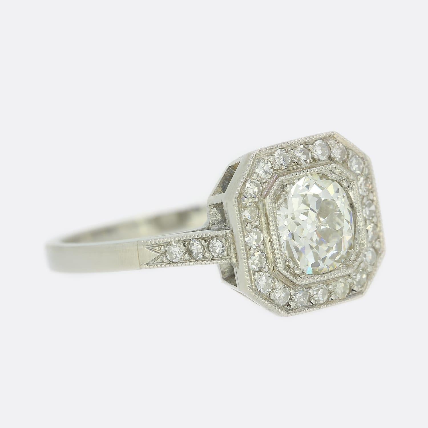 Old European Cut Art Deco Style 0.75 Carat Cushion Diamond Cluster Ring For Sale