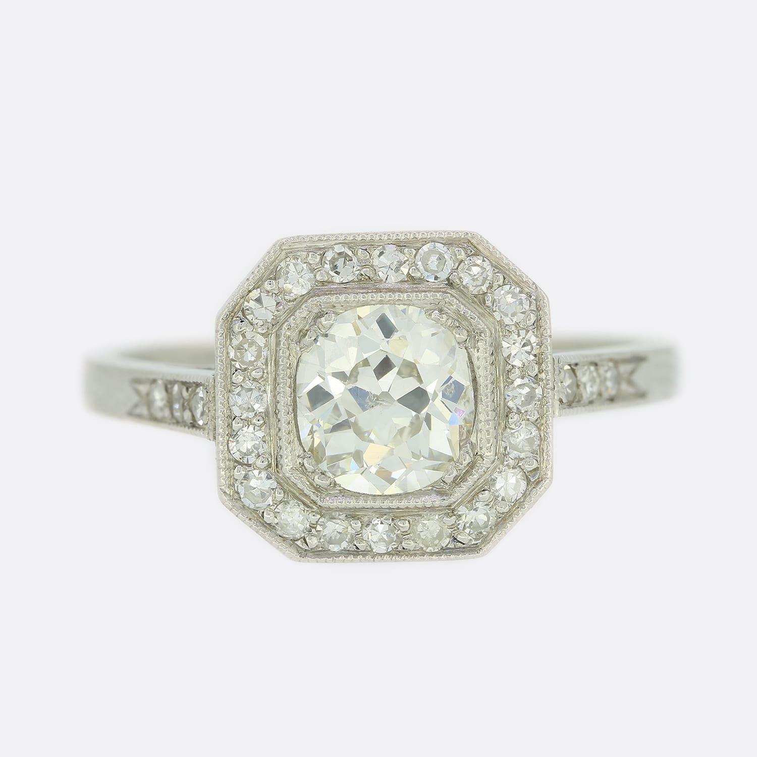 Women's Art Deco Style 0.75 Carat Cushion Diamond Cluster Ring For Sale