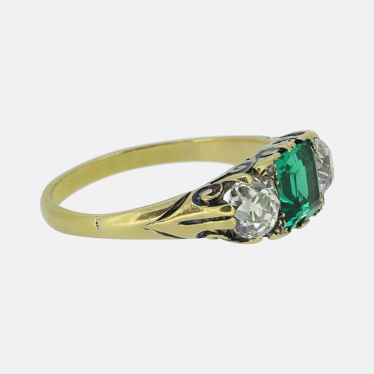Viktorianischer Ring mit 1,22 Karat kolumbianischem Smaragd und Diamant (Achteckschliff) im Angebot