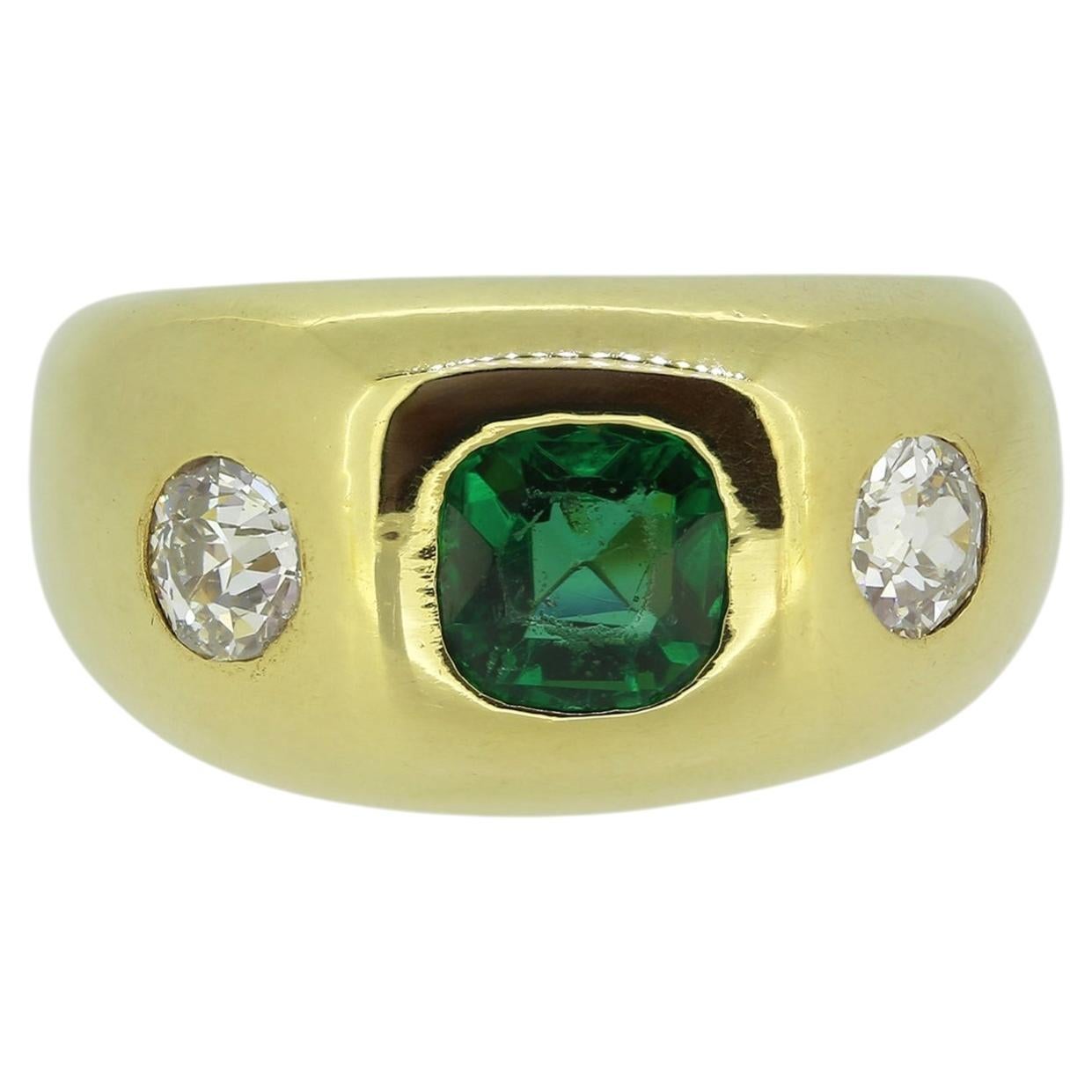 Antique Emerald and Diamond Three-Stone Ring For Sale