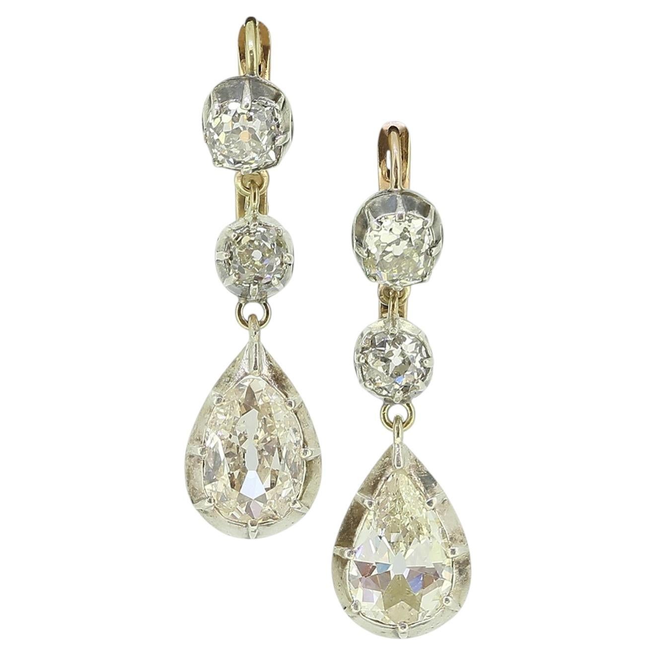 Pendientes de gota de diamante antiguos de 5.32 quilates en venta