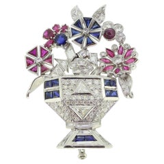 Art Deco Diamond Sapphire and Ruby Basket Brooch