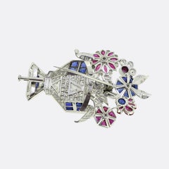 Art Deco Diamond Sapphire and Ruby Basket Brooch