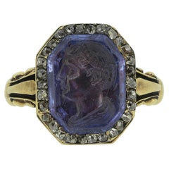 Antique Julius Caesar Sapphire Intaglio and Diamond Ring