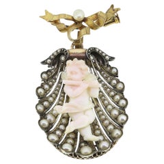Antique Pearl and Cherub Drop Locket Brooch