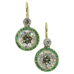 Art Deco 6.44 Carat Diamond and Emerald Drop Earrings