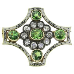 Victorian Demantoid Garnet Diamond and Enamel Brooch