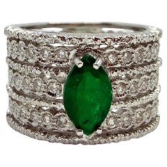 18K White Gold Pear Cut Emerald and Diamond Wide Band Ring - Size 6.25