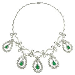 18K White Gold 4.18 Carat Pear Cut Emerald and Diamond Garland Festoon Necklace