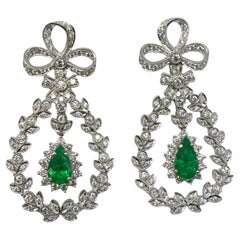 18K White Gold 1.68 Carat Pear Cut Emerald and Diamond Drop Earrings