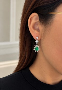 18K White Gold 2.22 Carat Emerald and Rose Cut Diamond Earrings