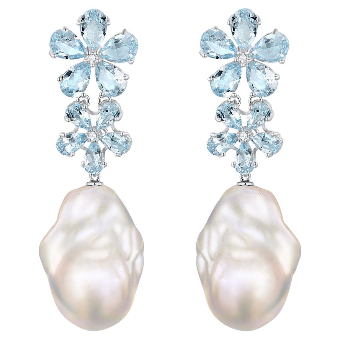 Nina Zhou Pendientes Convertibles Aguamarina Diamante Doble Flor Perla Barroca