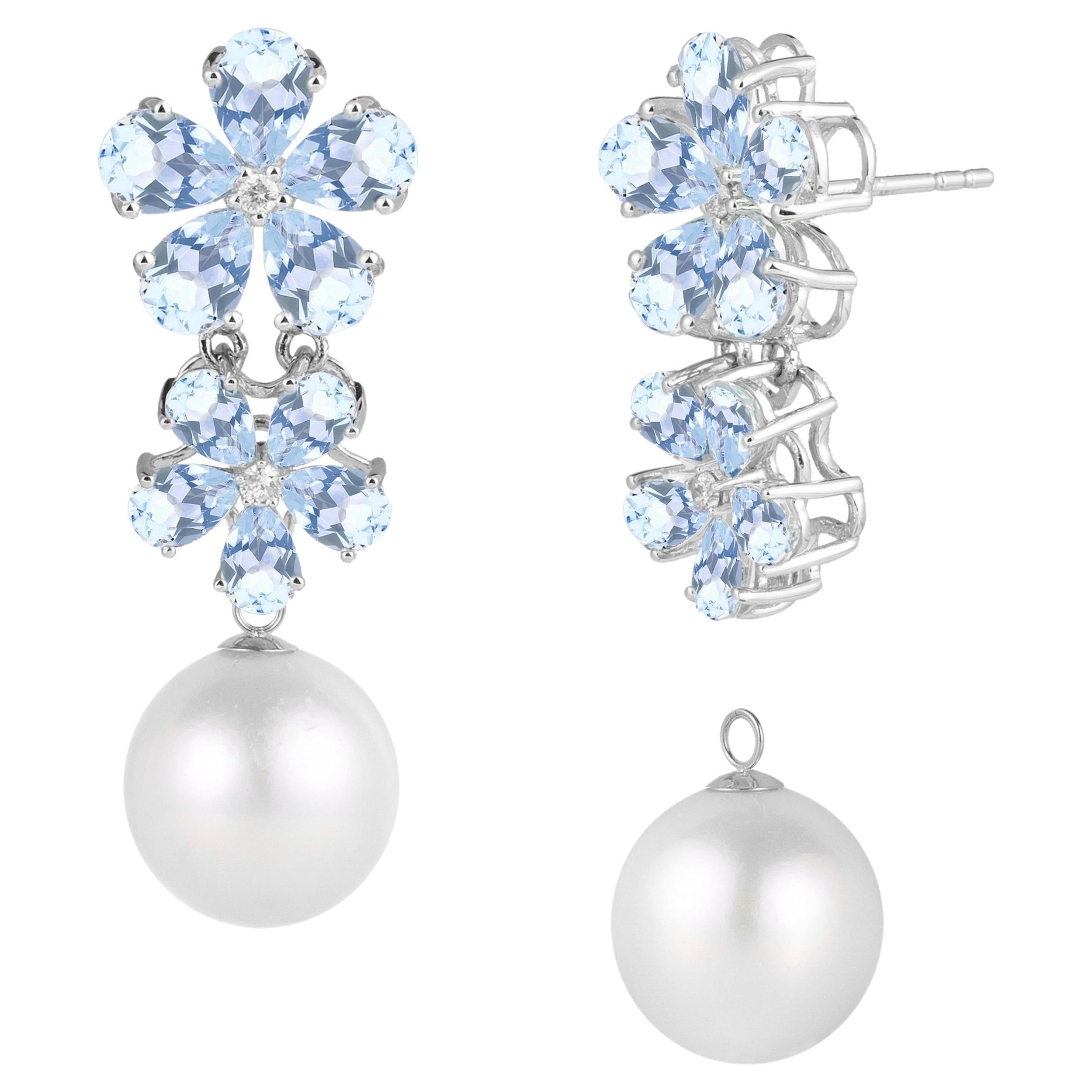 Nina Zhou Umwandelbare Tropfenohrringe mit Aquamarin-Diamantblüte und 12-13 mm Perle
