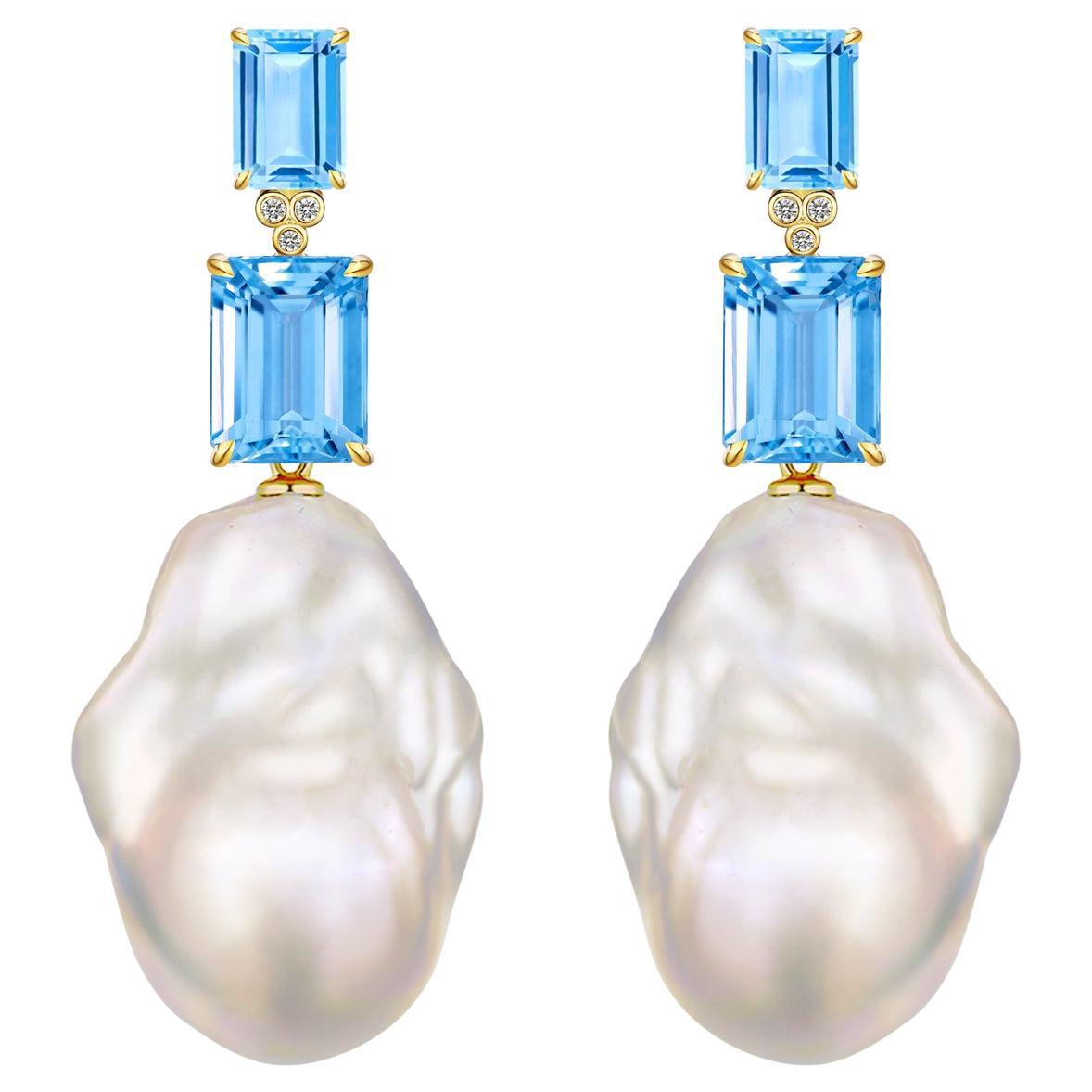 Kai Emerald-Cut 9ct Blue Topaz Diamond Baroque Pearl Convertible Drop Earrings For Sale