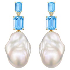 Kai Emerald-Cut 9ct Blue Topaz Diamond Baroque Pearl Convertible Drop Earrings
