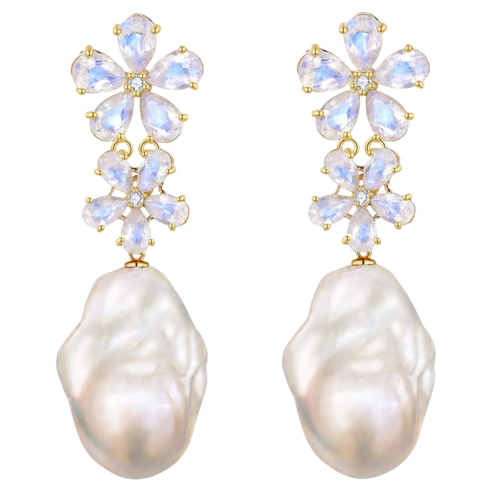 Pendientes de gota de perla barroca con diamantes y piedra de luna de 5,72 quilates y doble flor
