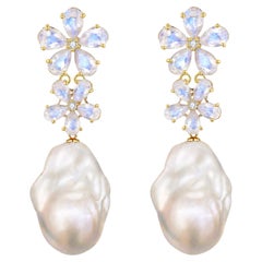 Nina Zhou 5,72ctw Mondstein Diamant Double Blossom Barock Perle Tropfen Ohrringe