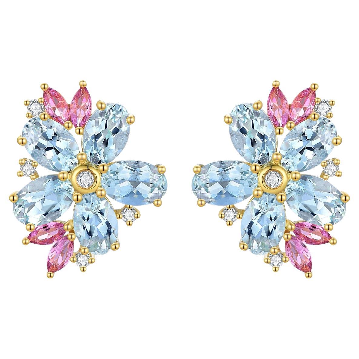 Nina Zhou Orecchini a fiore di diamante con zaffiro rosa e acquamarina