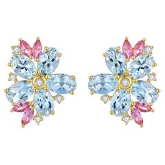 Nina Zhou Aquamarine Pink Sapphire Diamond Blossom Earrings