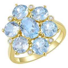 Nina Zhou Anello cocktail con diamante e acquamarina celeste in oro giallo 18 carati