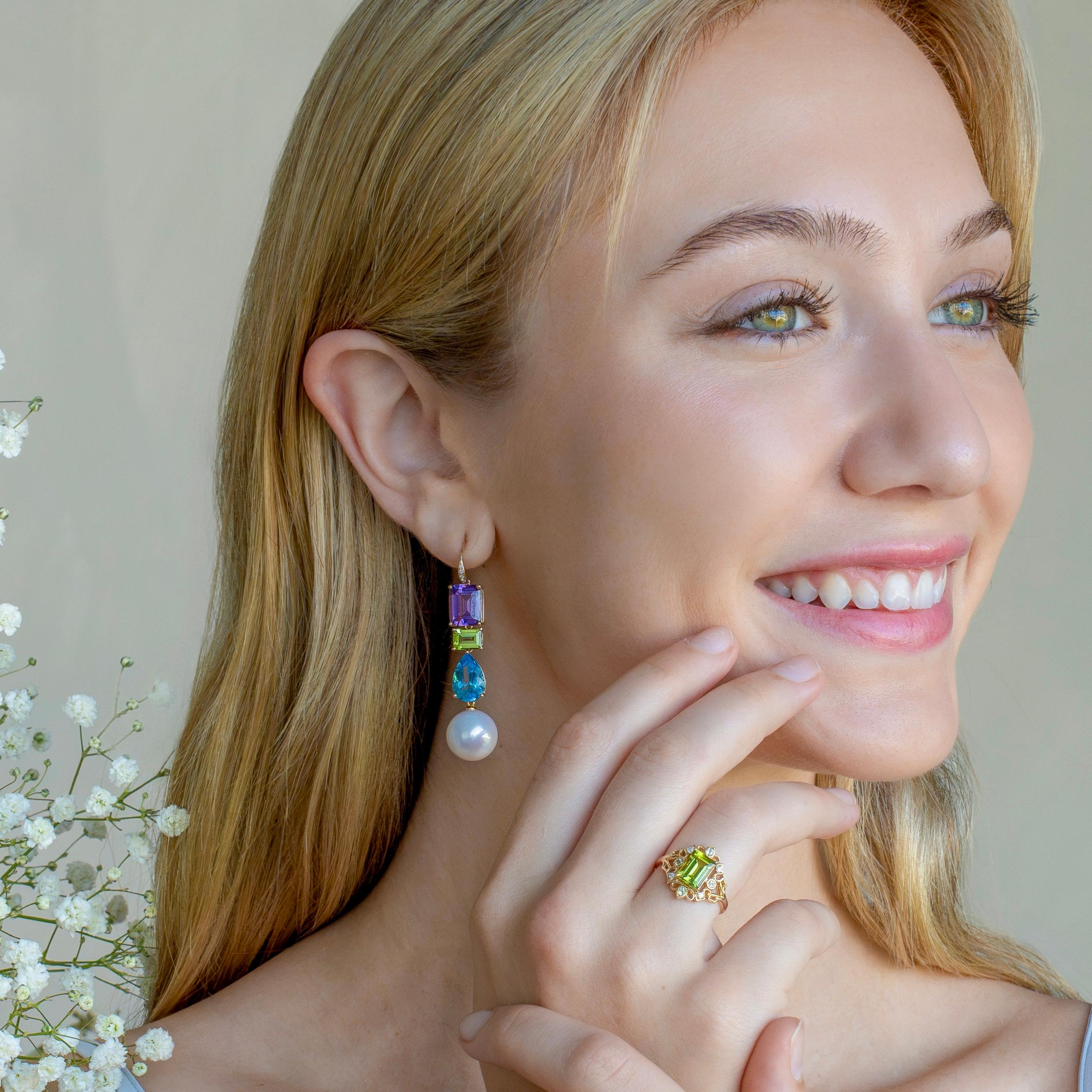 Moderno GemFusion 14,25ct Ametista Peridoto Topazio Diamante Perla Orecchini a goccia convertibili in vendita