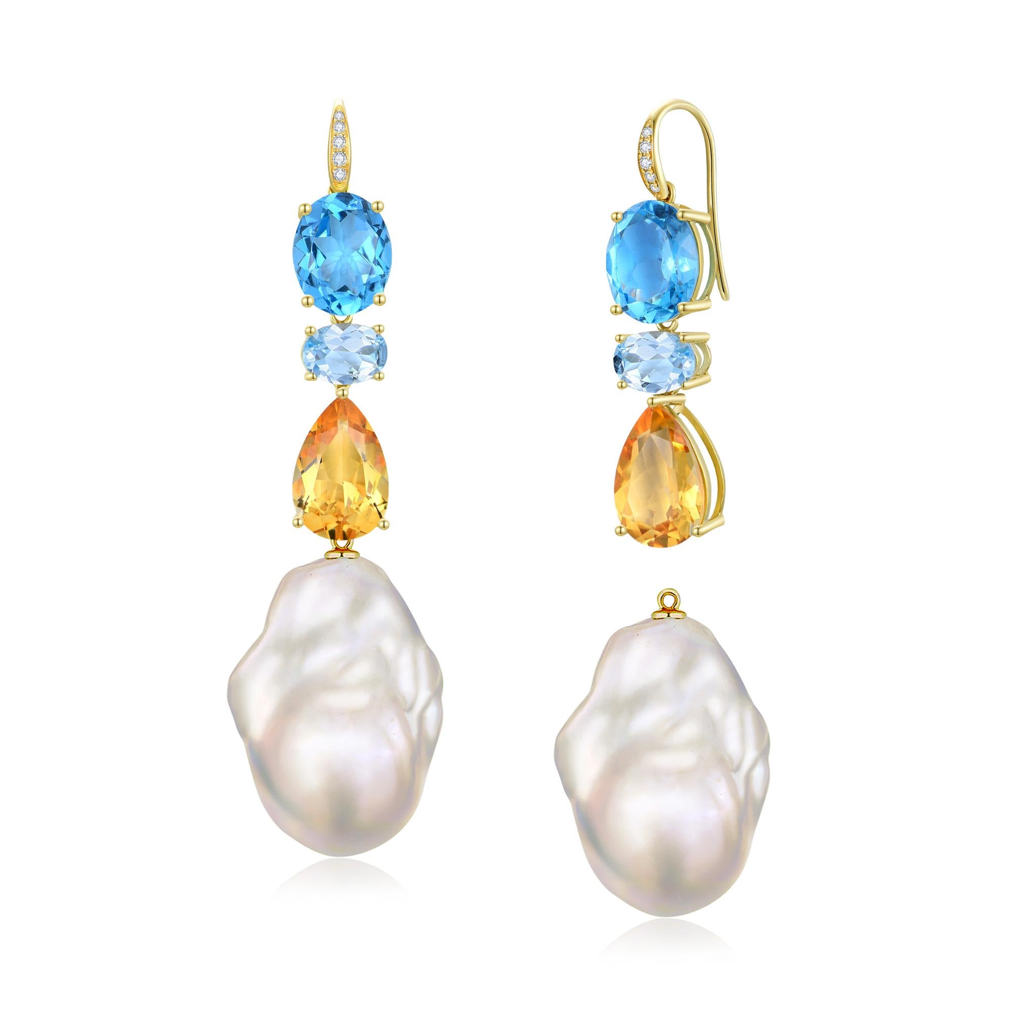 Orecchini di perle barocche GemFusion 13,15ctw Topazio Acquamarina Citrino Diamante In condizioni Nuovo in vendita a Rowland Heights, CA