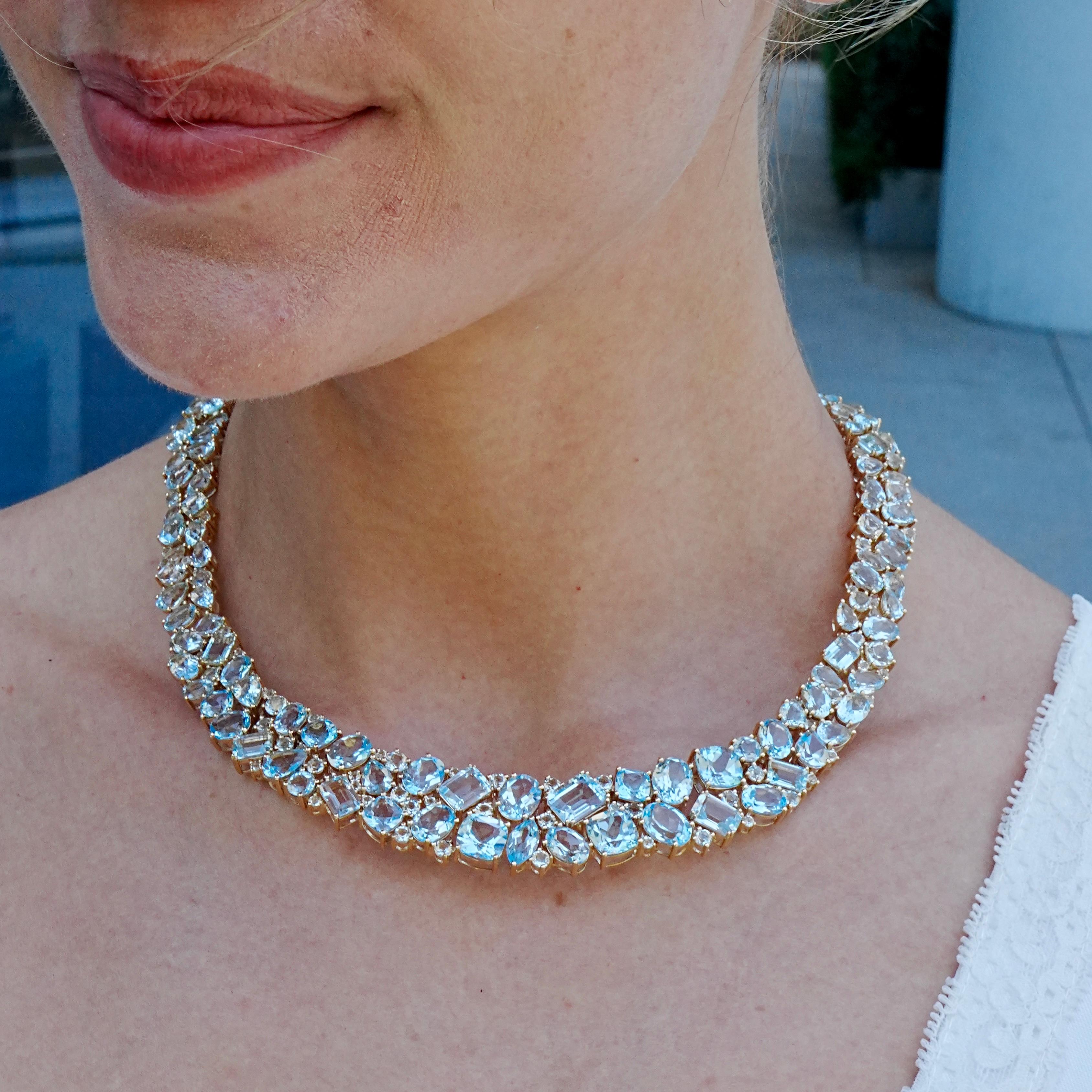 Taglio misto Nina Zhou Secret Ocean Collana con collare di acquamarina, topazio e diamanti da 94,15 ct. in vendita