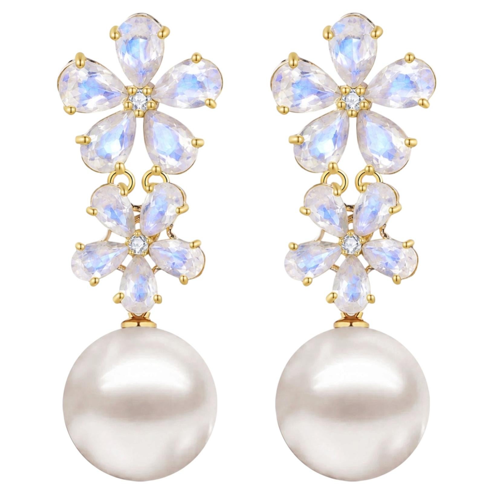 Nina Zhou 5,72ct Mondstein Diamant Doppelte Blüte Süßwasserperlen Ohrringe im Angebot