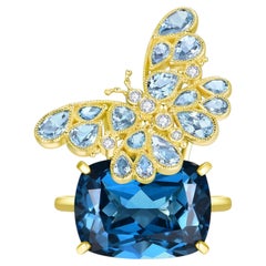 Nina Zhou 15.5ctw Aquamarine & Diamond Butterfly on London Blue Topaz Ring