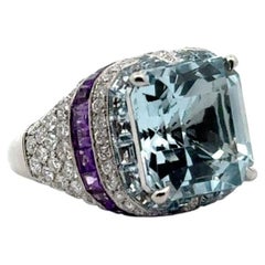 Platinum Aquamarine, Amethyst and Diamond Cocktail Ring