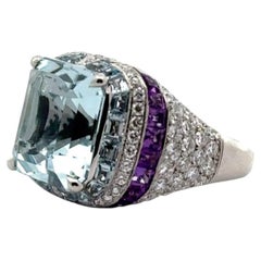 Platinum Aquamarine, Amethyst and Diamond Cocktail Ring