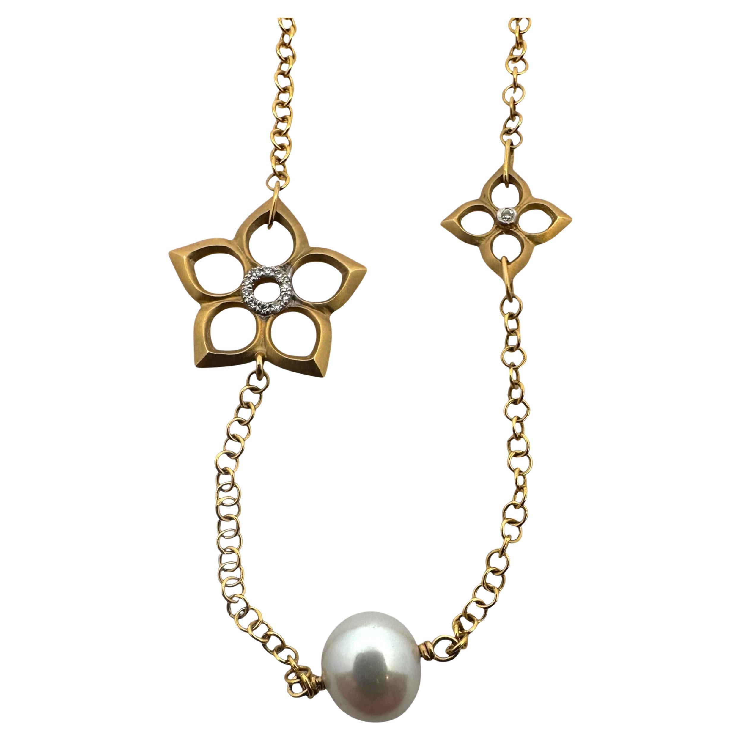 I. Reiss Halskette aus 14 Karat Gelbgold mit Blumen-Diamant-Motiv und Perle 36 Zoll im Zustand „Neu“ im Angebot in Newton, MA