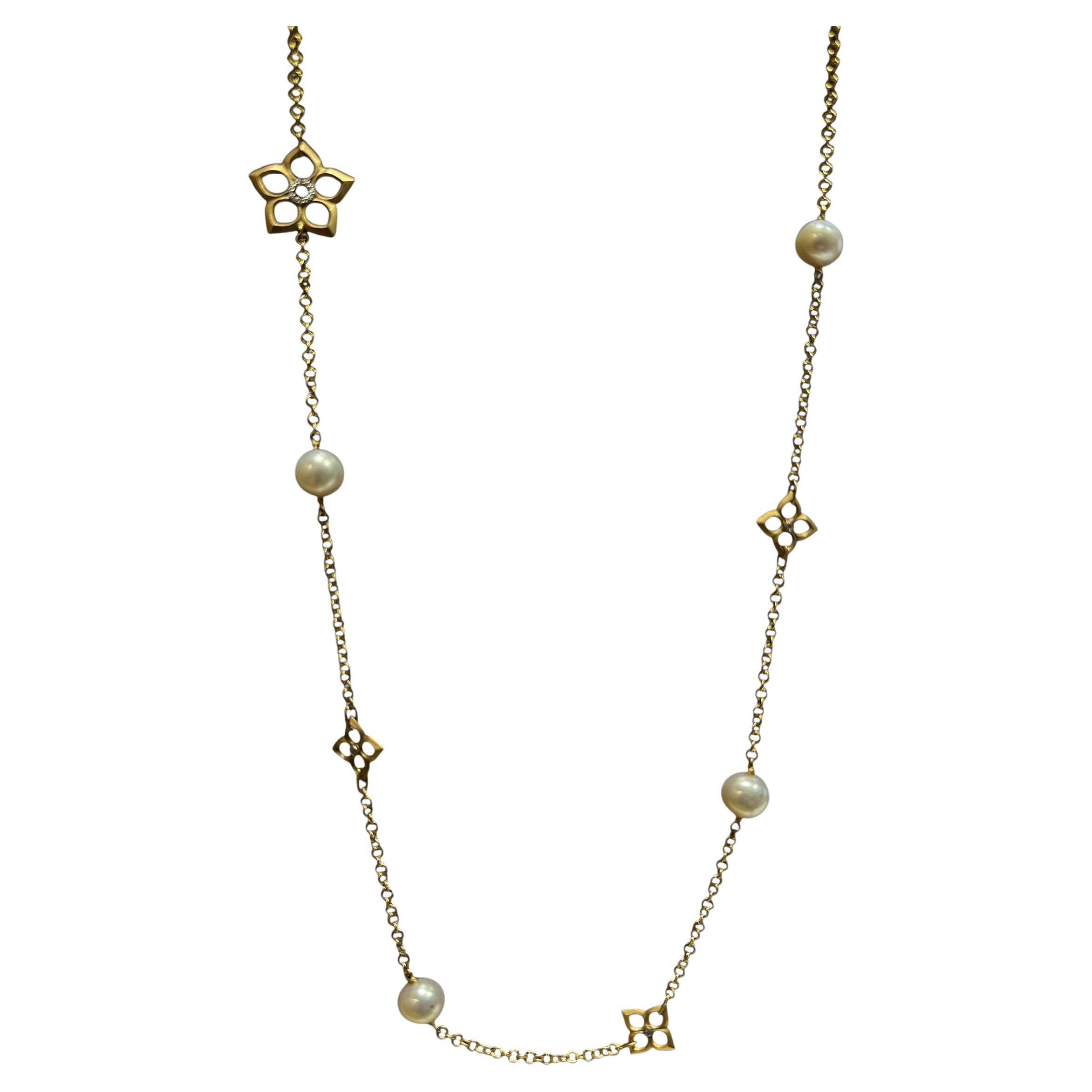 I. Reiss Halskette aus 14 Karat Gelbgold mit Blumen-Diamant-Motiv und Perle 36 Zoll (Moderne) im Angebot