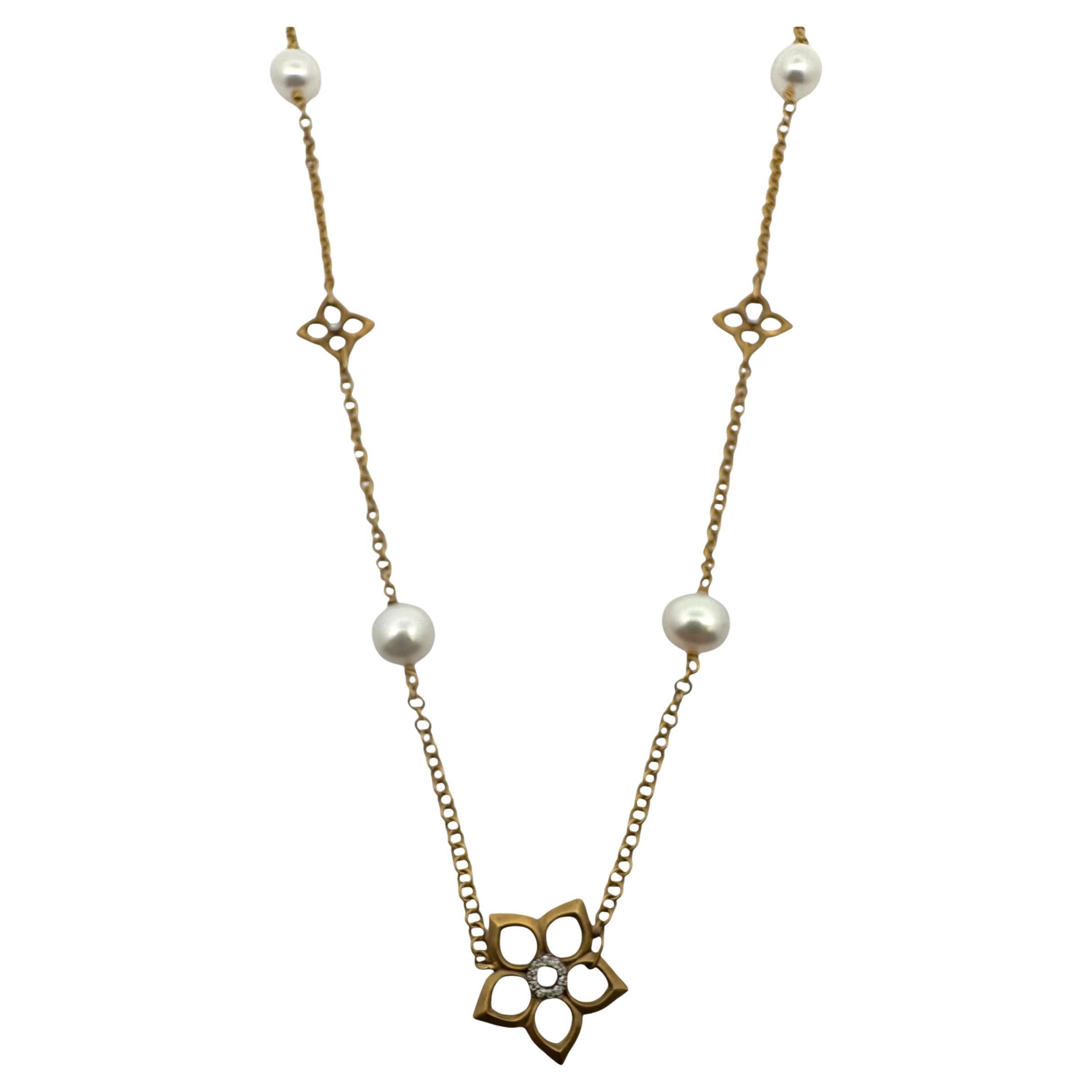 I. Reiss Halskette aus 14 Karat Gelbgold mit Blumen-Diamant-Motiv und Perle 36 Zoll (Brillantschliff) im Angebot