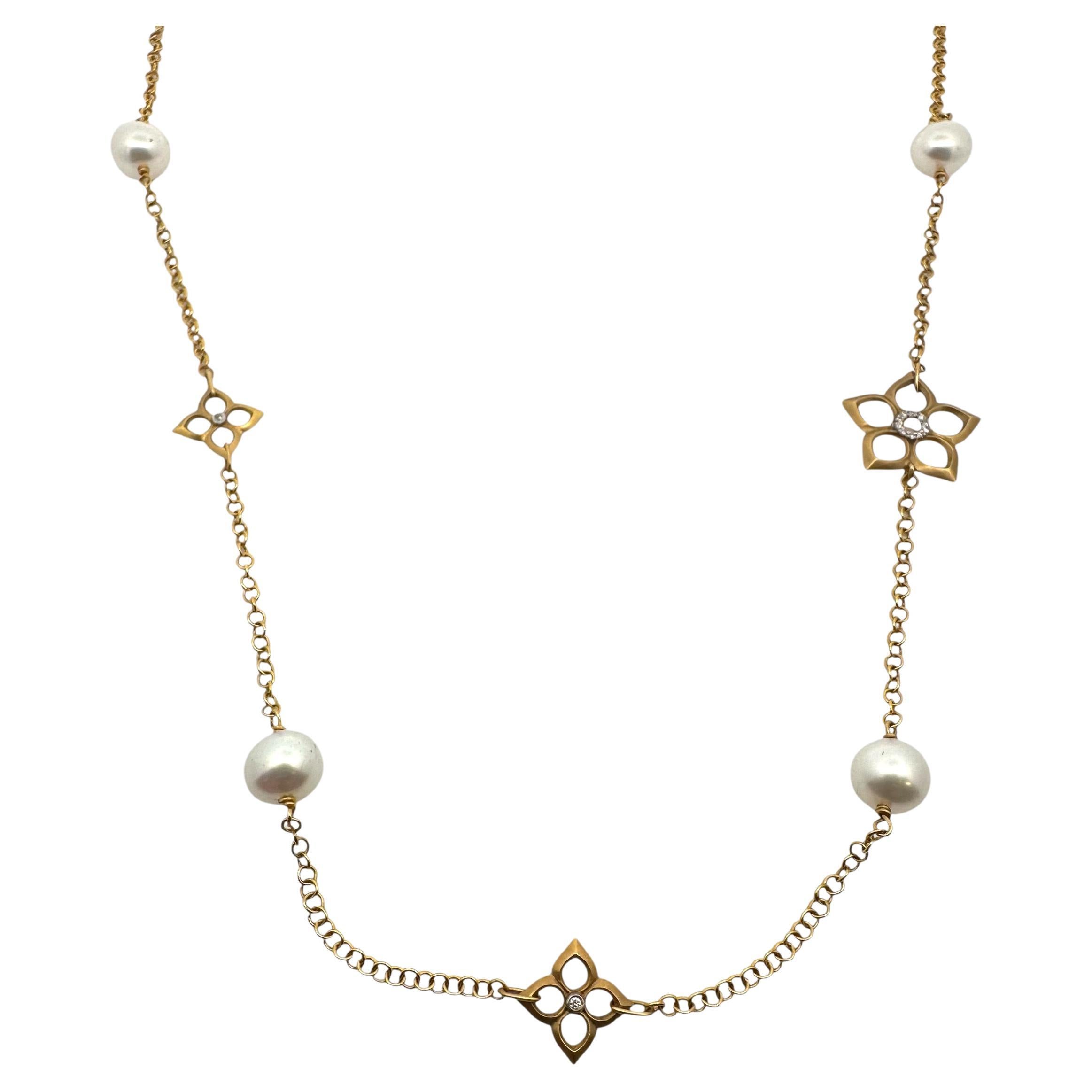 I. Reiss Flower Diamond Motif and Pearl 14K Yellow Gold Necklace 36 Inches