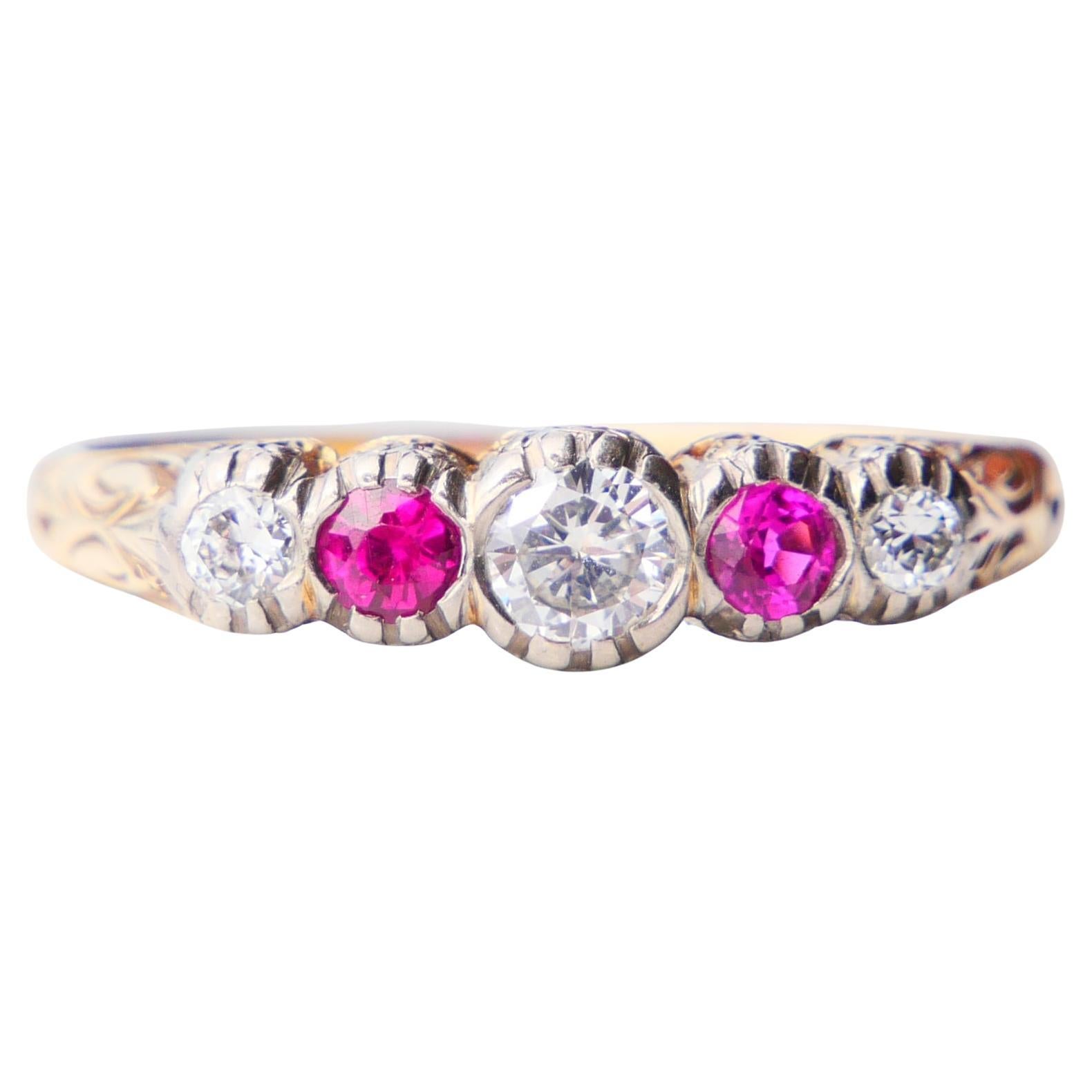 Anello antico Diamante naturale Rubino Anello in oro giallo 14K 8.75US / 3.8gr