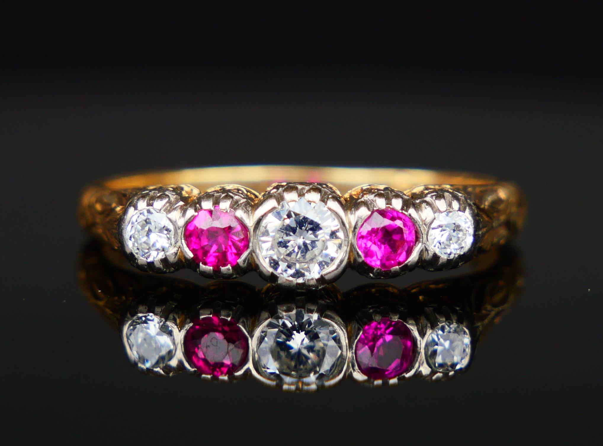 Art déco Bague ancienne Diamant naturel Rubis Bague en or jaune 14K 8.75US / 3.8gr en vente