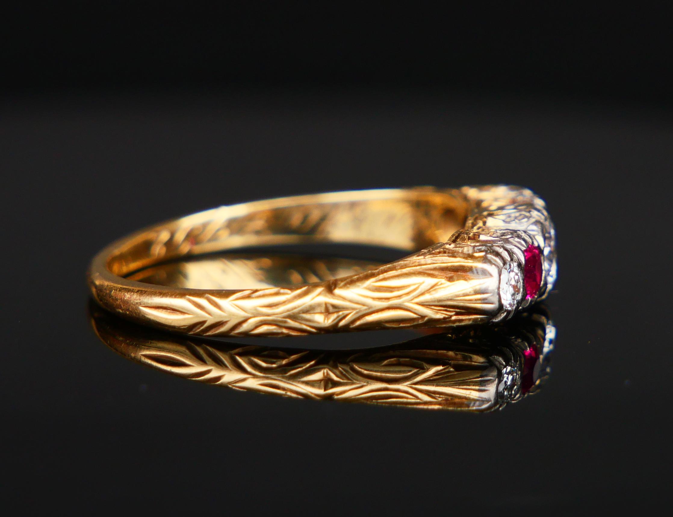 Taille vieille Europe Bague ancienne Diamant naturel Rubis Bague en or jaune 14K 8.75US / 3.8gr en vente