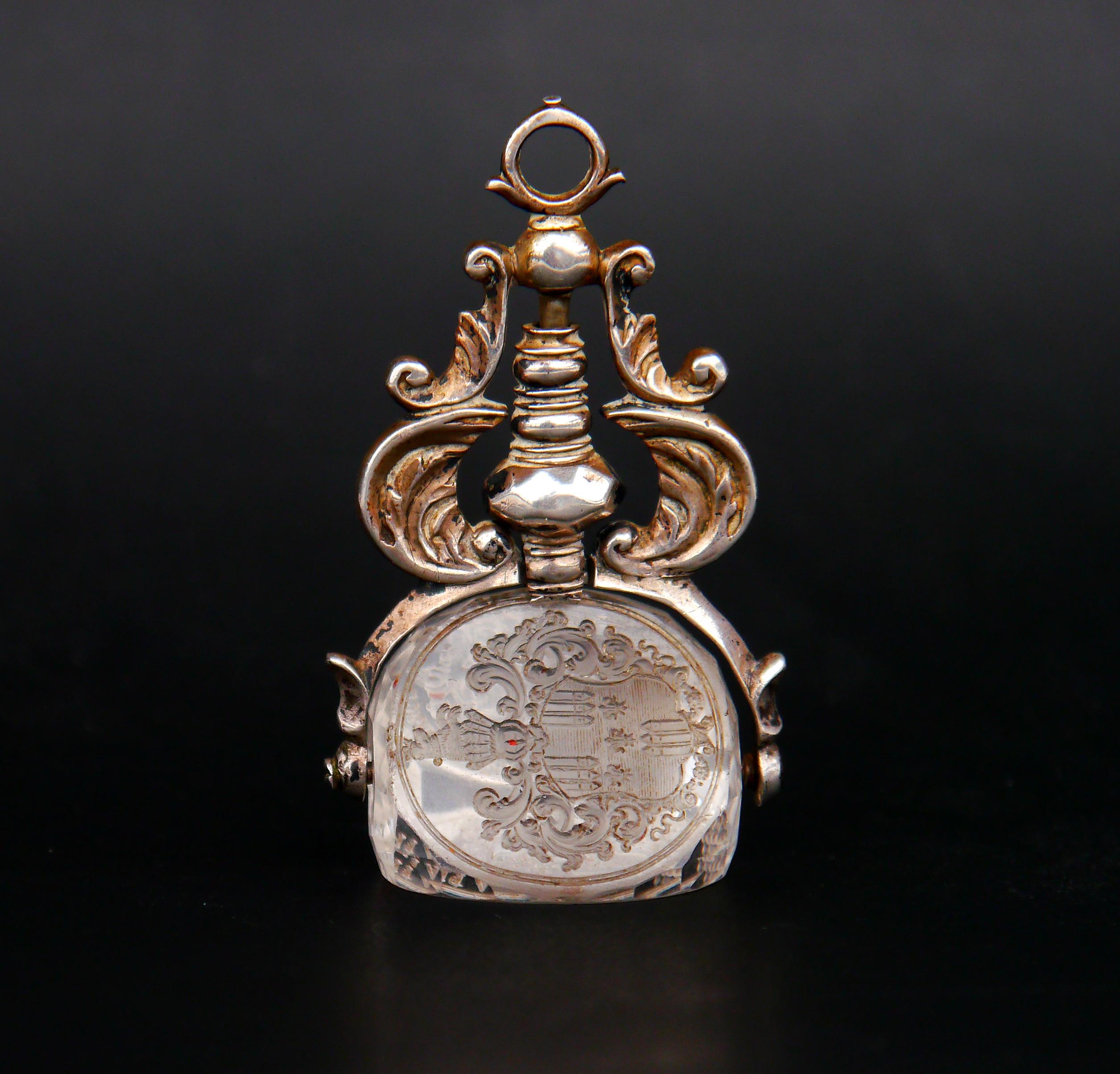 Baroque 1676 Friedrich von Arenstorff Intaglio Fob wax Seal Rock Crystal Silver en vente